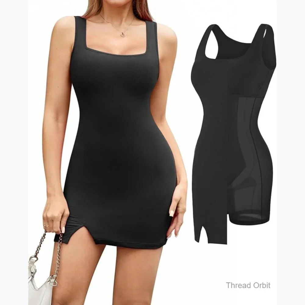 Built-in Shapewear Cocktail Dress Square Neck Mini Slit Party Summer